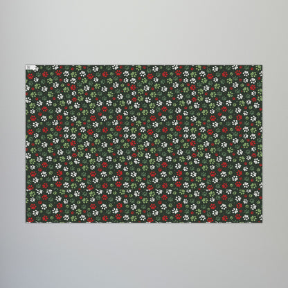 Christmas Greens, Red & White Paw Print Gift Wrapping Paper Roll