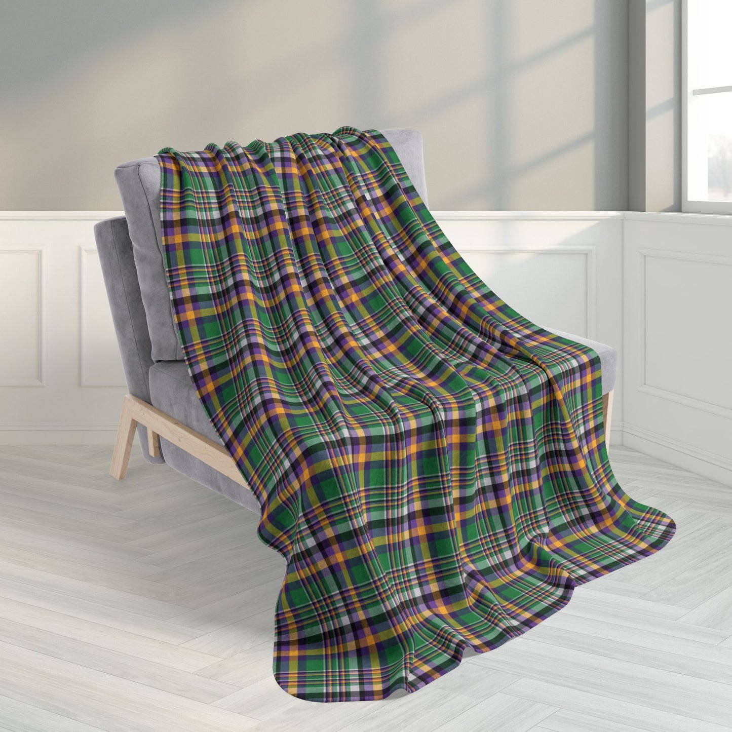 50" × 60" Mardi Gras Green Plaid Fleece Sherpa Blanket