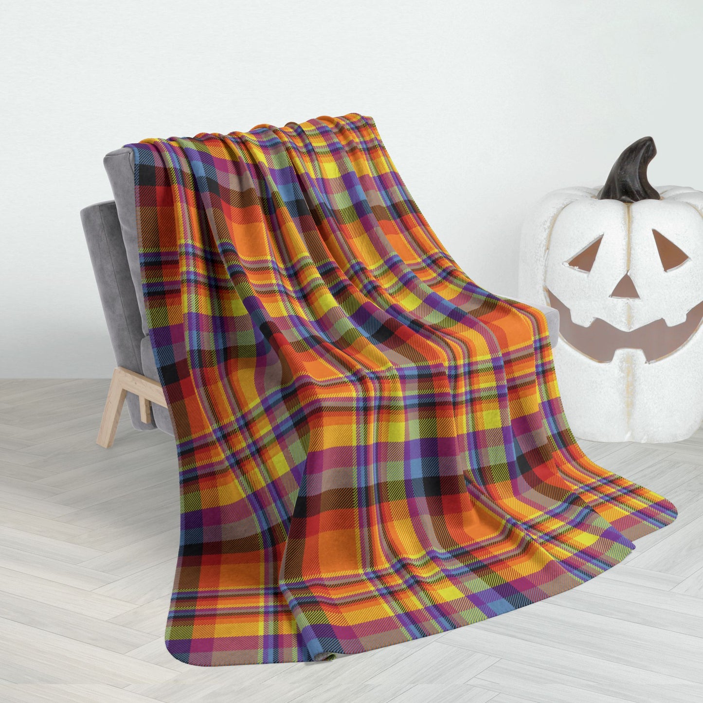 60" × 80" Grey Halloween Plaid Fleece Sherpa Blanket