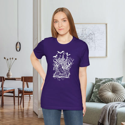 Lovebird on a Spell Book by a Haunted House, Line Art Tee