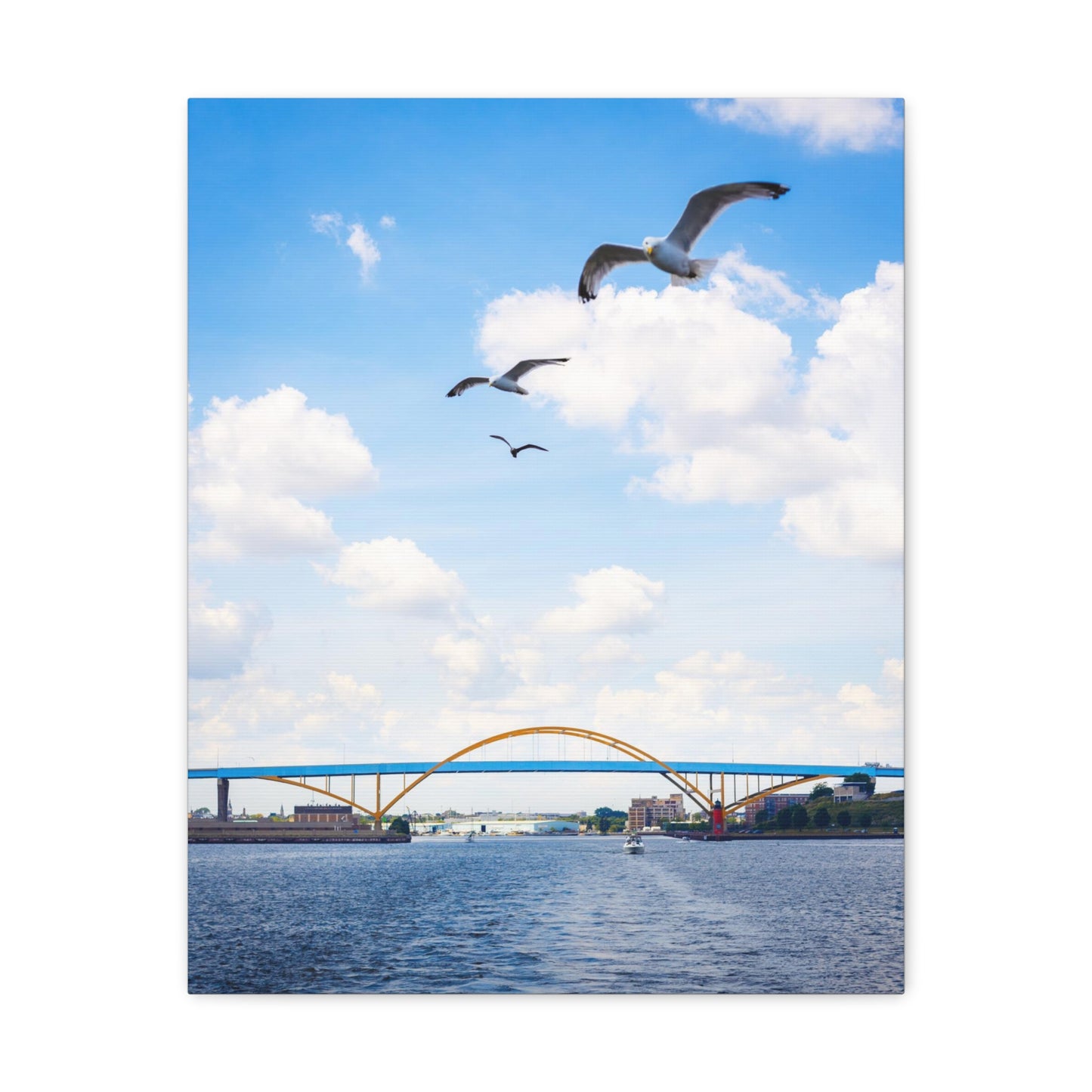 Milwaukee Wisconsin’s Hoan Bridge with 3 Seagulls, Photography Canvas Wrap Wall Art