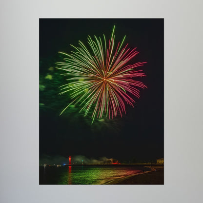 Green & Pink 4th of July Fireworks over Kenosha Pier Light Rolled Poster