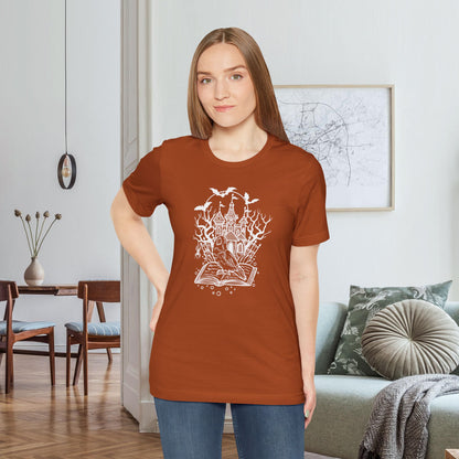 Lovebird on a Spell Book by a Haunted House, Line Art Tee