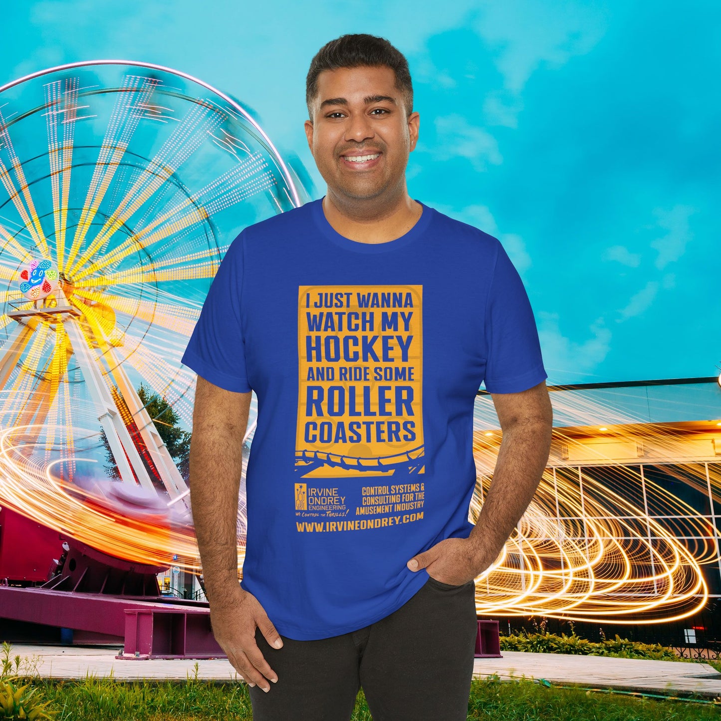 I Just Wanna Watch Hockey & Ride Roller Coasters Tee (FRONT graphic) • Irvine Ondrey Engineering