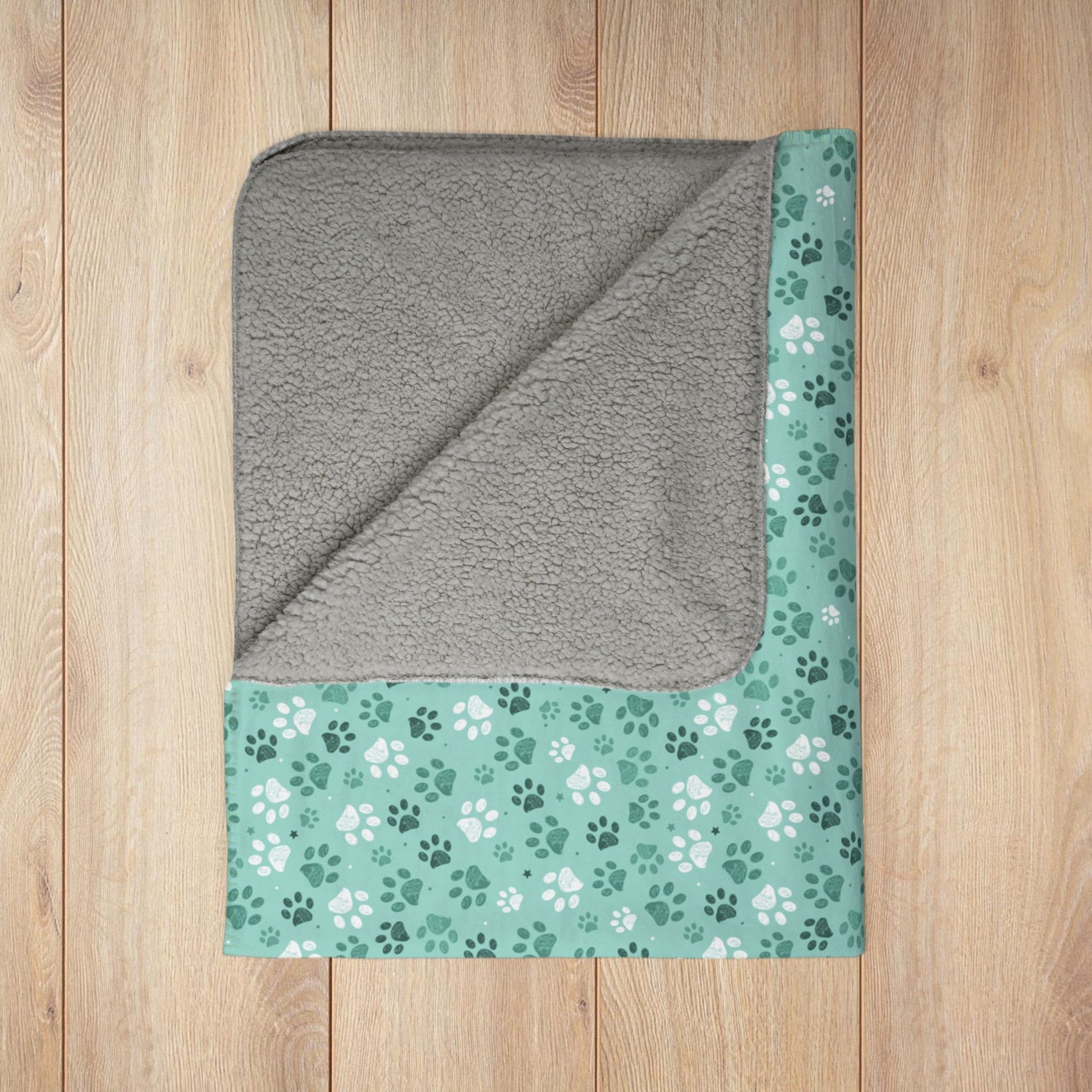 Seagreen Paw Prints Fleece Sherpa Blanket
