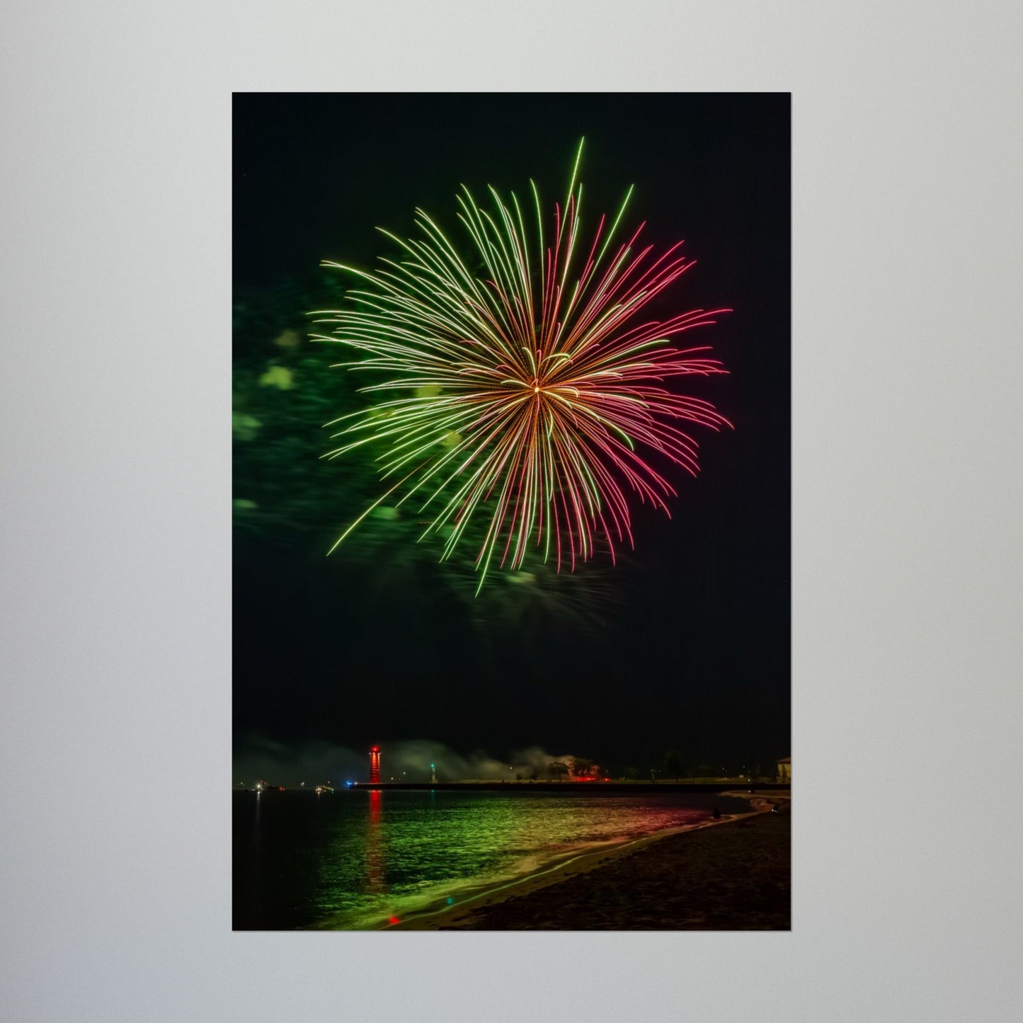 Green & Pink 4th of July Fireworks over Kenosha Pier Light Rolled Poster