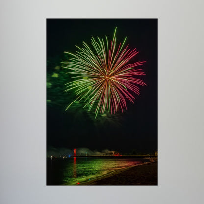 Green & Pink 4th of July Fireworks over Kenosha Pier Light Rolled Poster