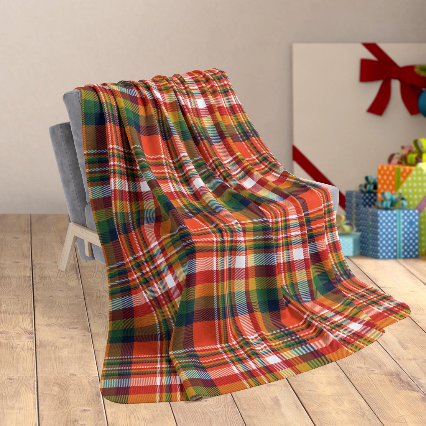 60" × 80" Grey Christmas Orange & Blue Denver CO Plaid Fleece Sherpa Blanket