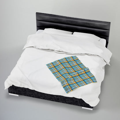 Teal, Blue & Gold Ohio Plaid Velveteen Plush Blanket