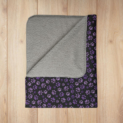 Purple Paw Prints Black Fleece Sherpa Blanket