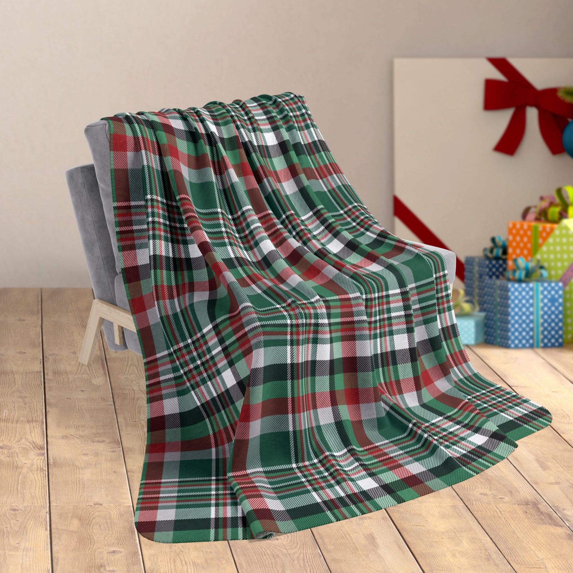 60" × 80" Christmas Green & White New York NY Plaid Fleece Sherpa Blanket