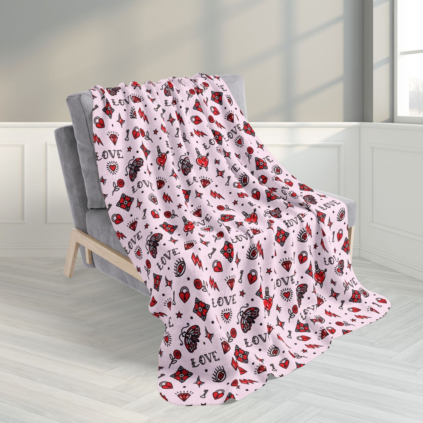 50" × 60" Tattoo Love Valentine’s Day Pink Fleece Sherpa Blanket