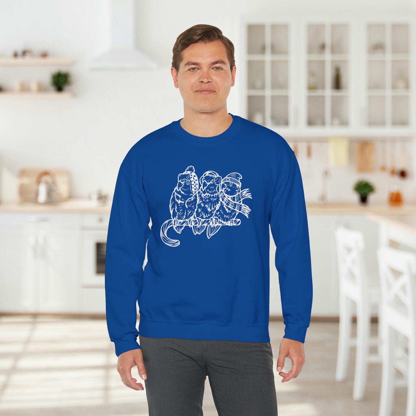 3 Lovebirds with Winter Wear & Perched on a Candy Cane, Line Art Crew Neck Sweatshirt