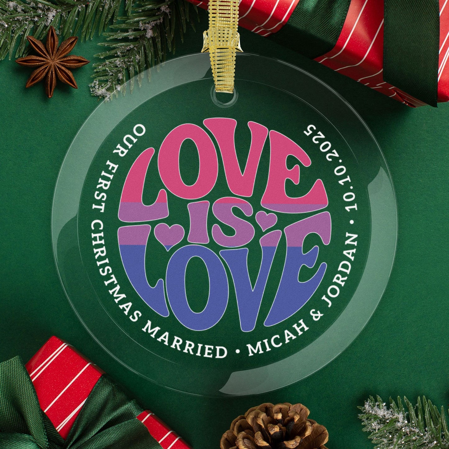 Round One Size Custom Glass Love is Love Bisexual Pride 3.5" Circle Ornaments