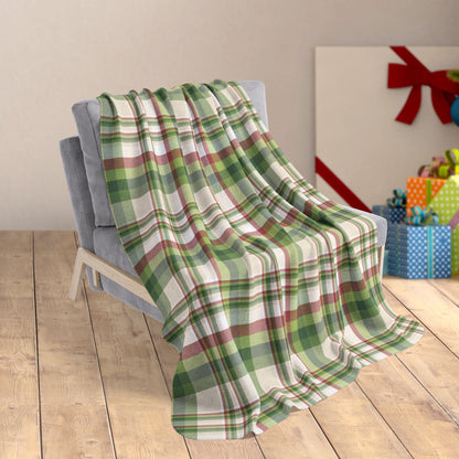 50" × 60" Christmas Green & Cream Plaid Fleece Sherpa Blanket