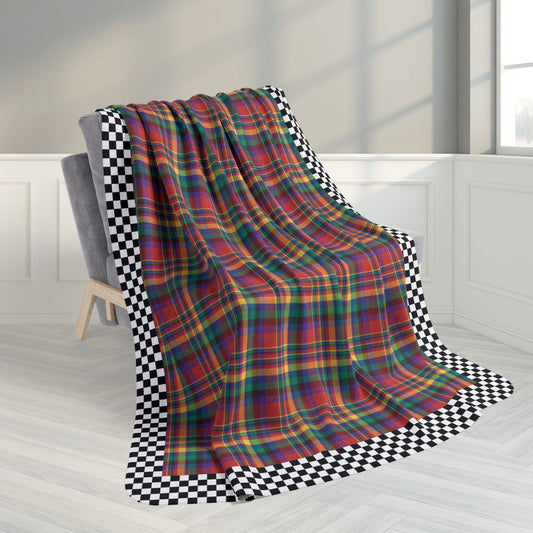60" × 80" Grey Red, Yellow, Green, Blue & Purple Ohio Plaid with Checkered Edge Fleece Sherpa Blanket