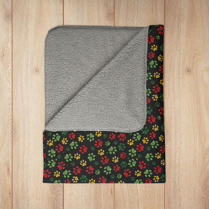 Christmas Paw Prints Black Fleece Sherpa Blanket