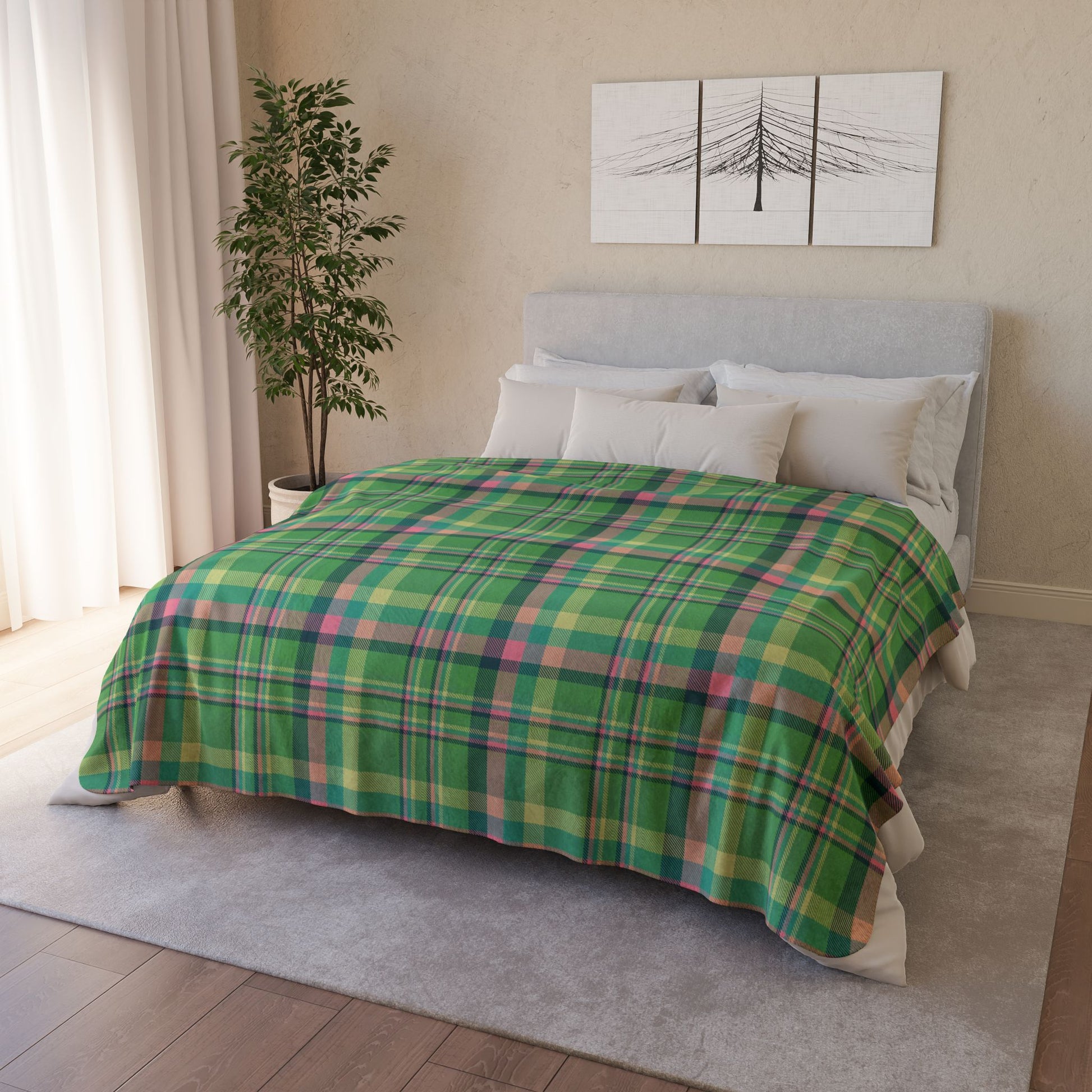 Christmas MCM Green Plaid Fleece Sherpa Blanket