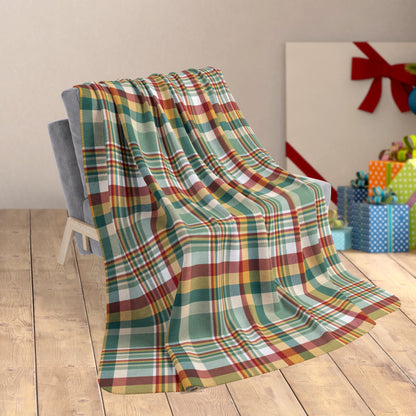 60" × 80" Christmas Red, Green & Gold Plaid Fleece Sherpa Blanket