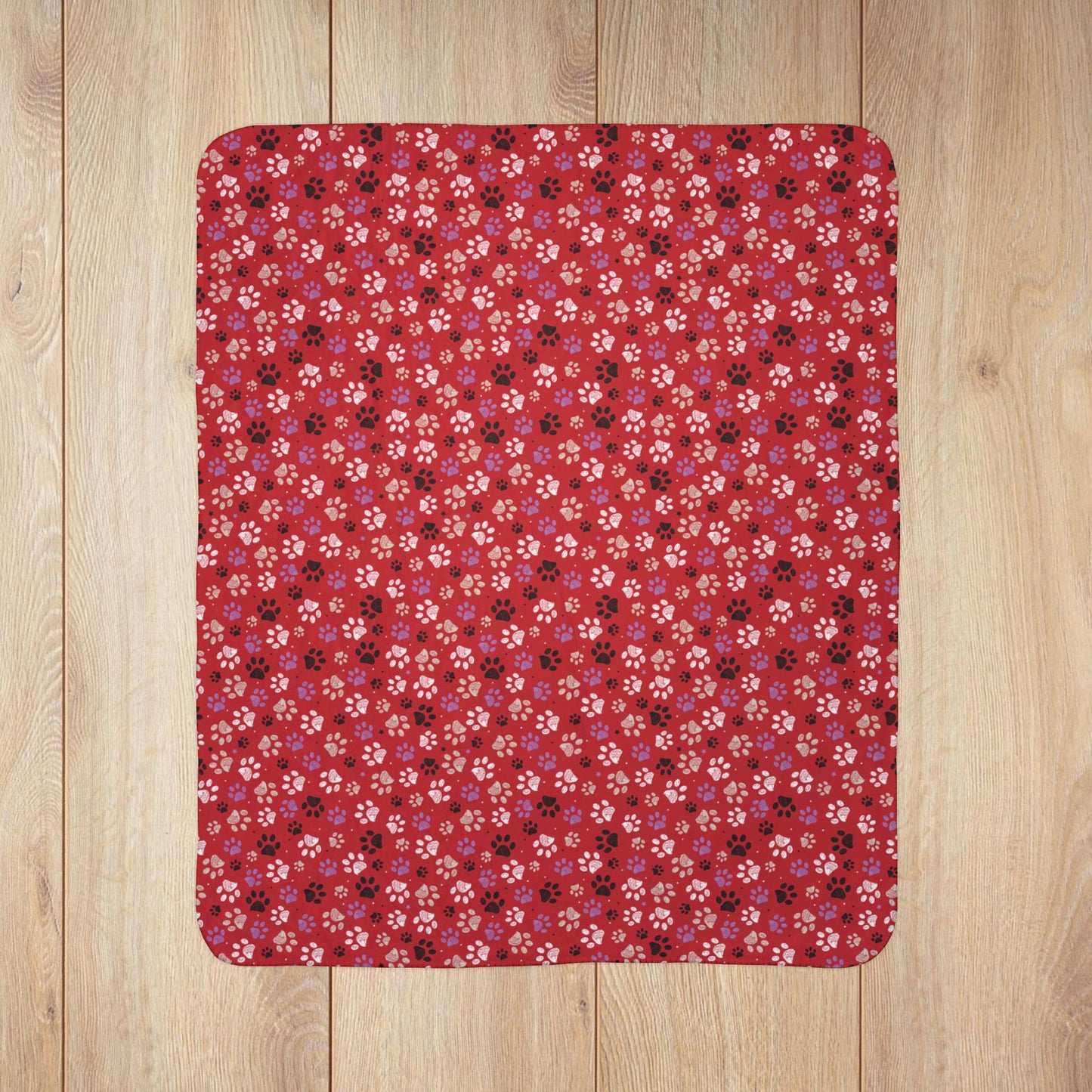 Black, White & Purple Paw Prints Red Fleece Sherpa Blanket