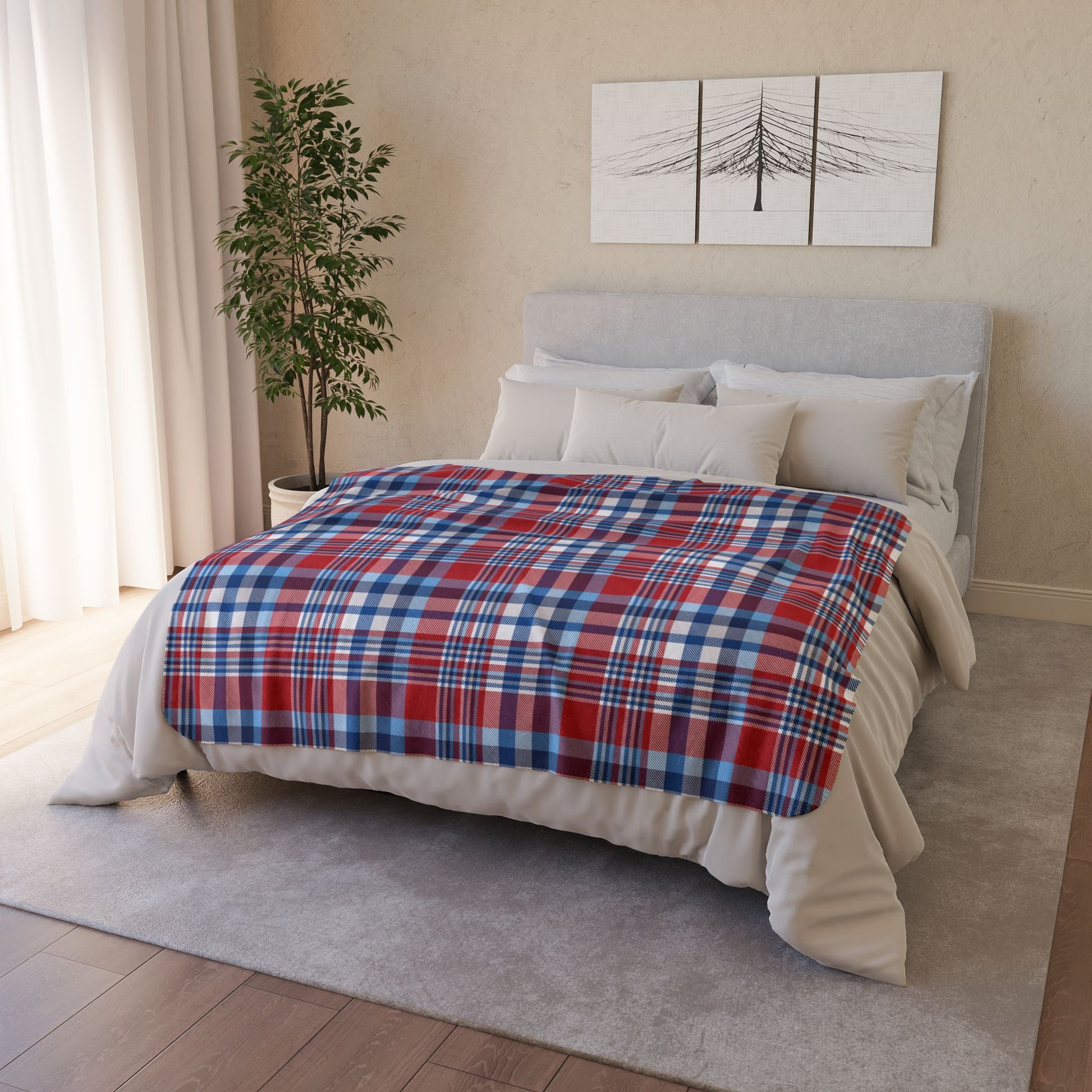 America U.S.A. Blues Plaid Fleece Sherpa Blanket