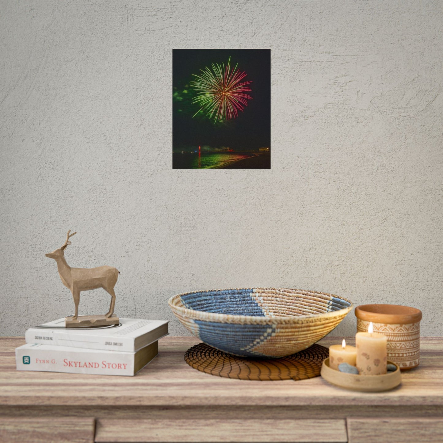Green & Pink 4th of July Fireworks over Kenosha Pier Light Rolled Poster
