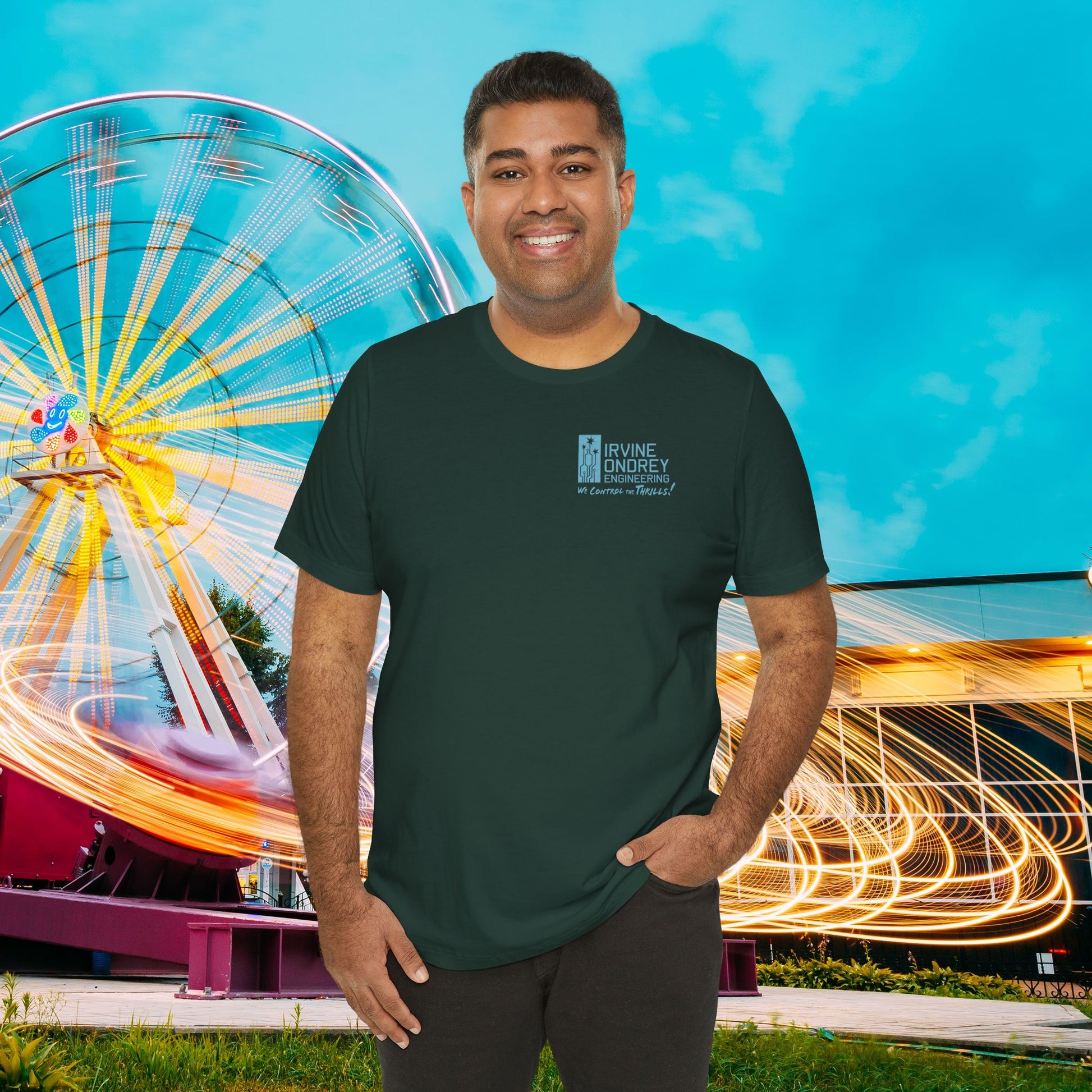 I Just Wanna Ride Dark Rides & Roller Coasters Tee (BACK graphic) • Irvine Ondrey Engineering