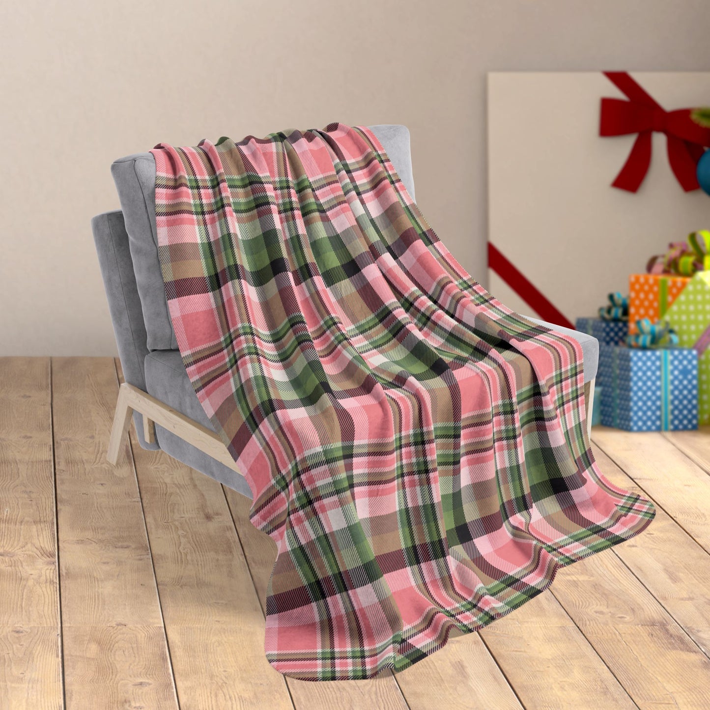 50" × 60" Christmas Pink & Green Plaid Fleece Sherpa Blanket