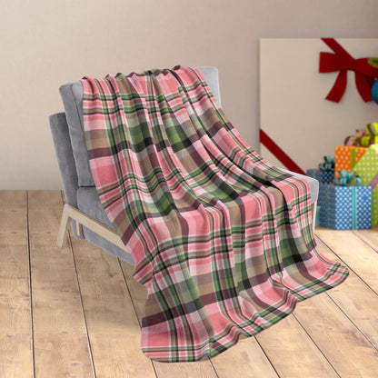 50" × 60" Christmas Pink & Green Plaid Fleece Sherpa Blanket