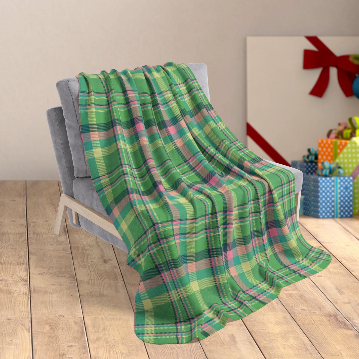 50" × 60" Christmas MCM Green Plaid Fleece Sherpa Blanket