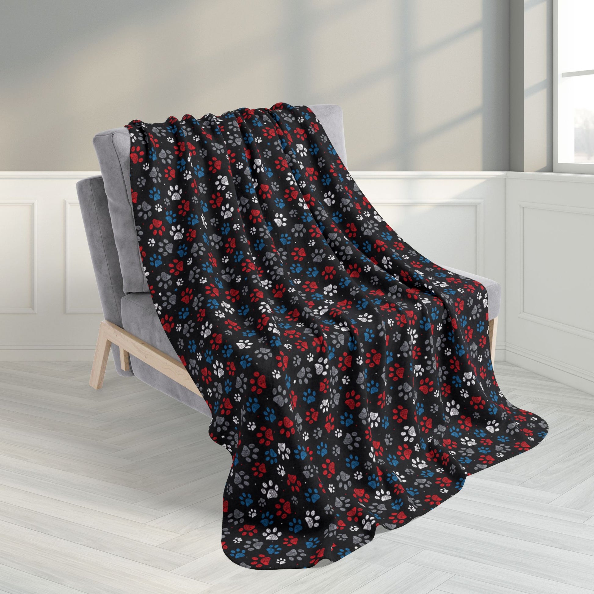 50" × 60" White, Red & Blue Sandusky OH Paw Prints Black Fleece Sherpa Blanket