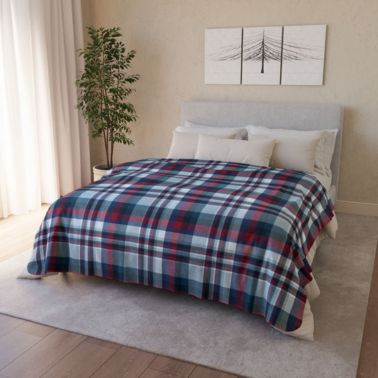 60" × 80" Beige Nautical Blue Plaid Fleece Sherpa Blanket