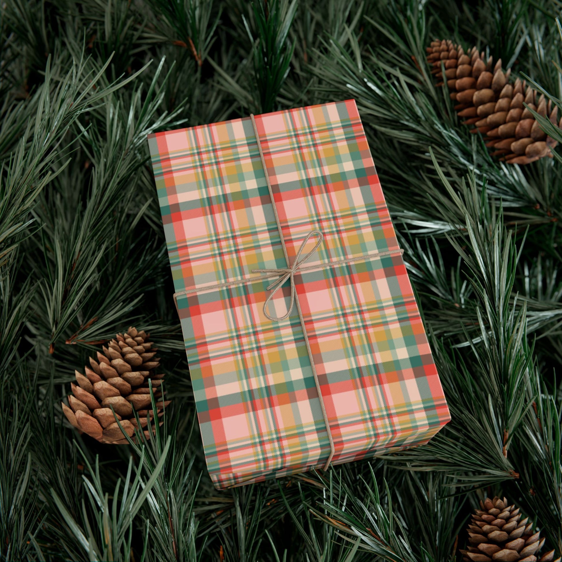 MCM Christmas Peachy Green & Red Plaid Gift Wrapping Paper Roll