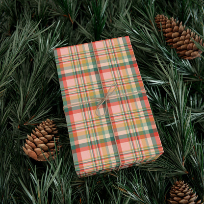 MCM Christmas Peachy Green & Red Plaid Gift Wrapping Paper Roll