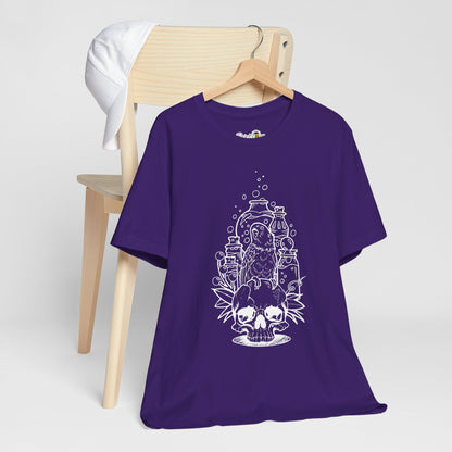 Crazy Scientist Lovebird Sitting on a Skull, Line Art Tee