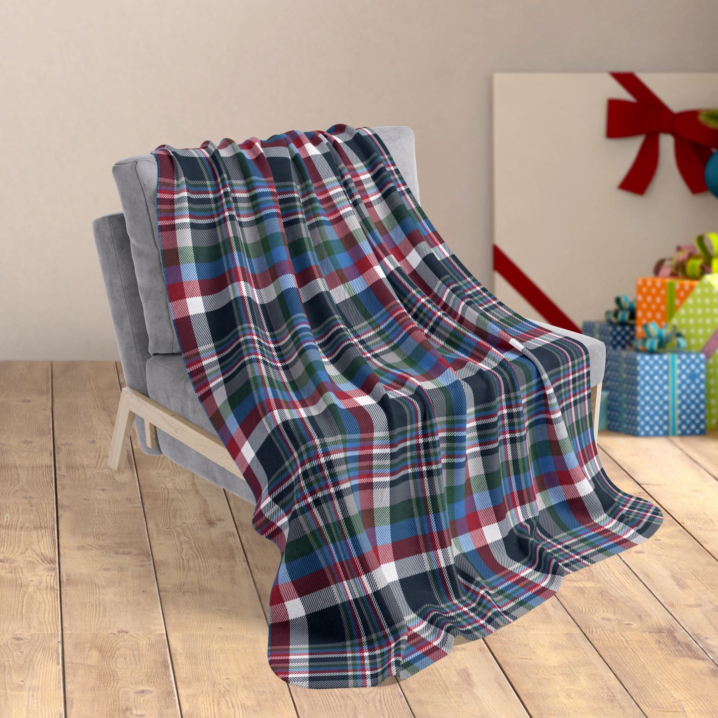 Christmas Blue & Red Houston TX Plaid Fleece Sherpa Blanket