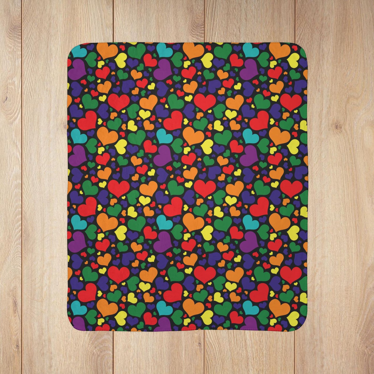 Rainbow 7-Color Pride Valentine’s Day Hearts Black Fleece Sherpa Blanket
