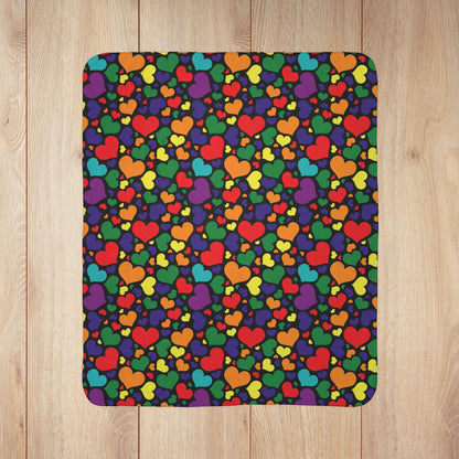 Rainbow 7-Color Pride Valentine’s Day Hearts Black Fleece Sherpa Blanket