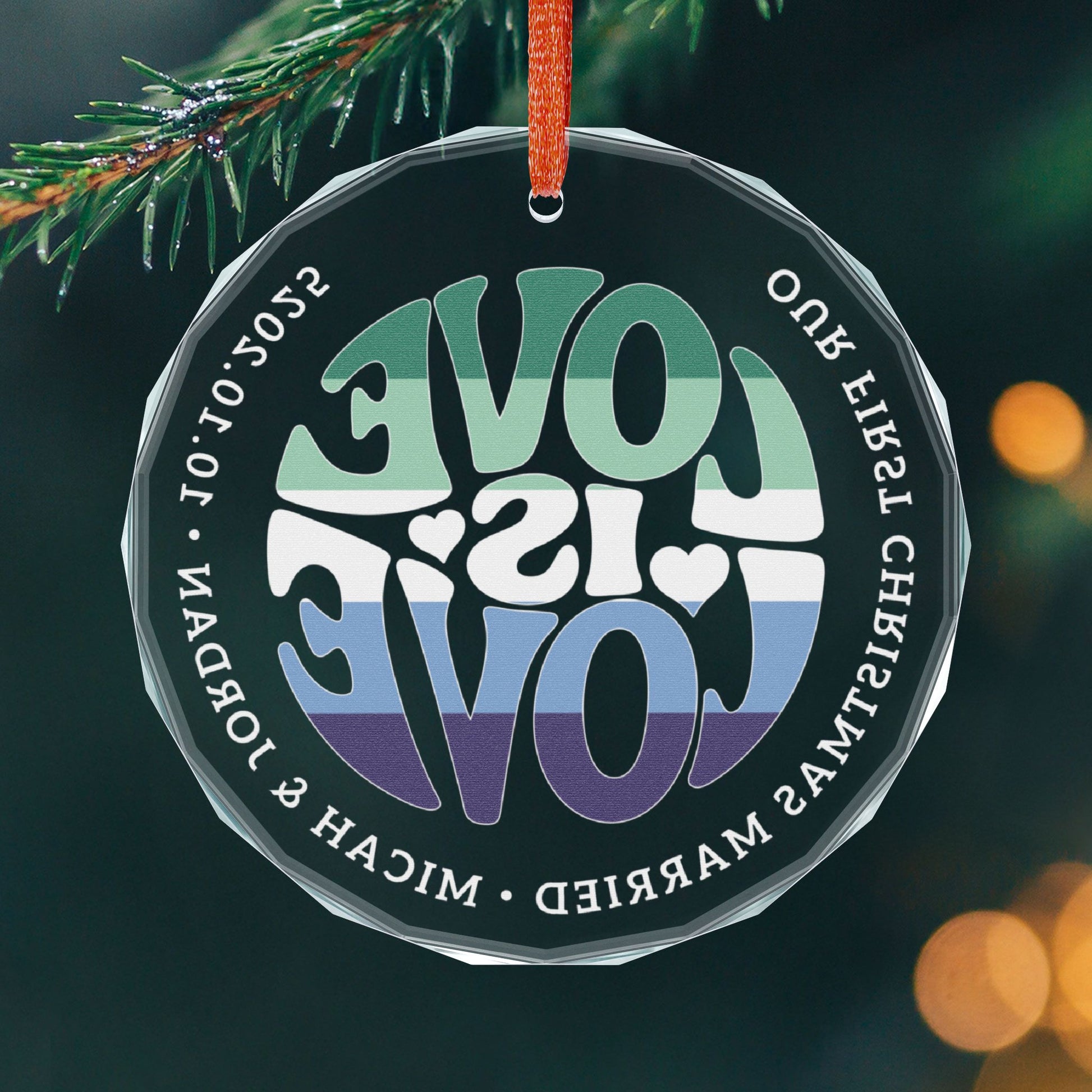 Custom Crystal Love is Love Gay Men 5-Stripe Pride 3" Circle Ornament