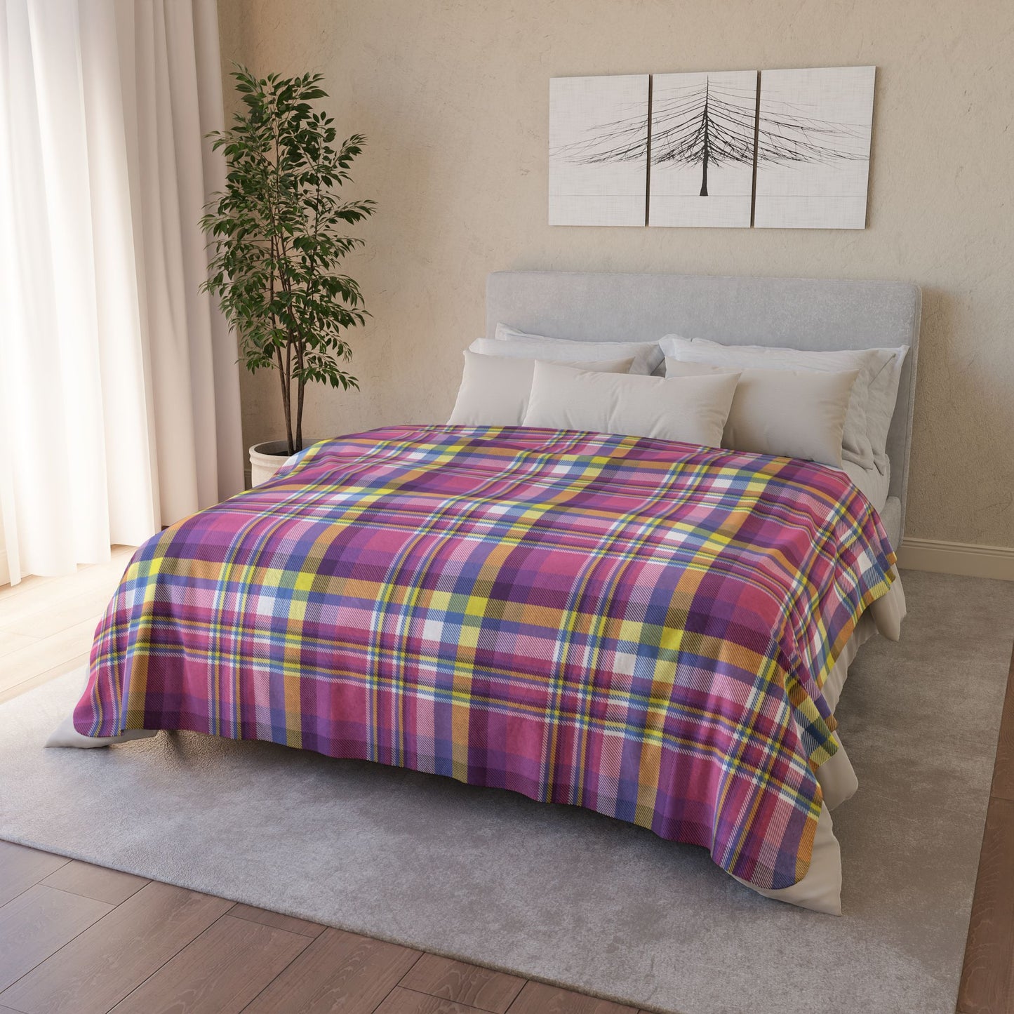 60" × 80" Beige Bigender Pride Plaid Fleece Sherpa Blanket