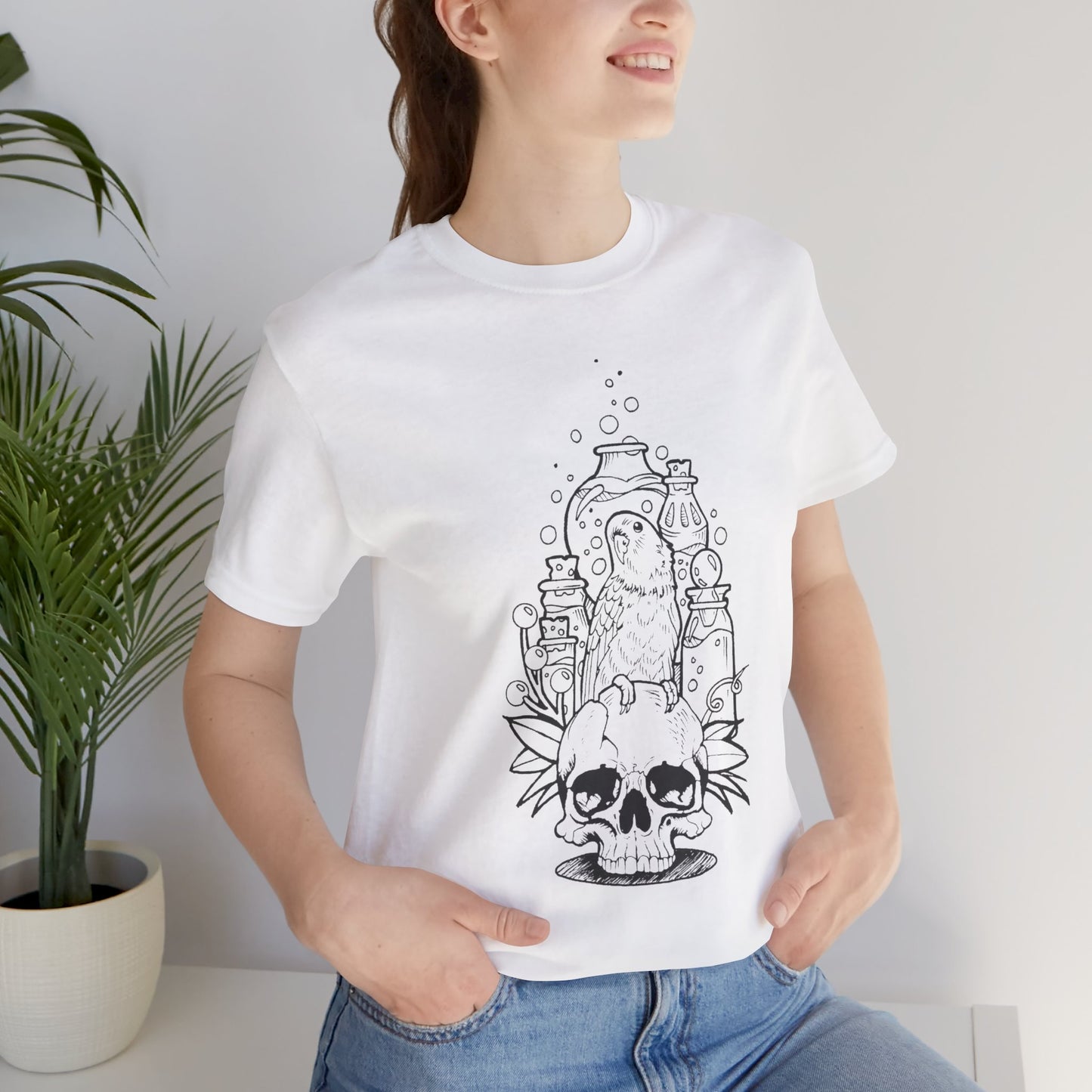 Crazy Scientist Lovebird Sitting on a Skull, Line Art Tee