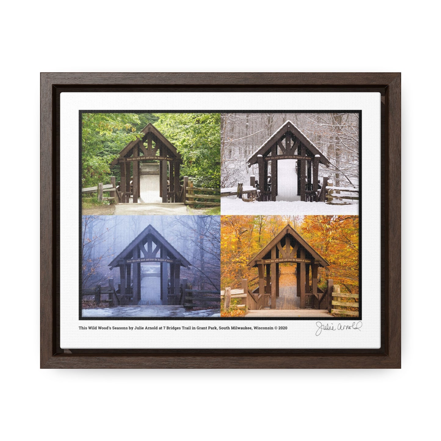 7 Bridges Trail’s Covered Bridge at Grant Park in South Milwaukee Wisconsin, All 4 Seasons Photo Collage, Framed Canvas Wrap Wall Art