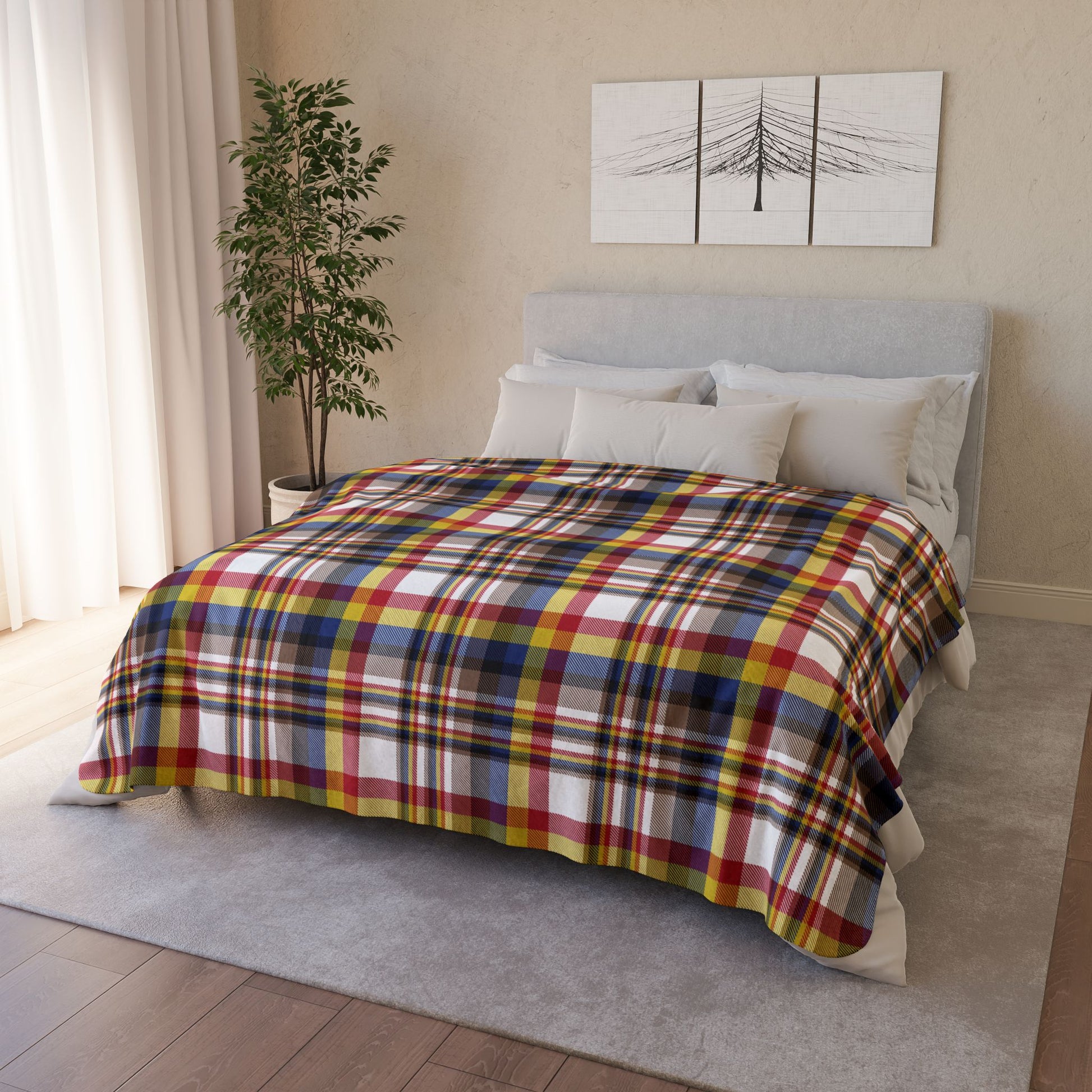 White, Red & Blue Brooklyn NY Plaid Fleece Sherpa Blanket