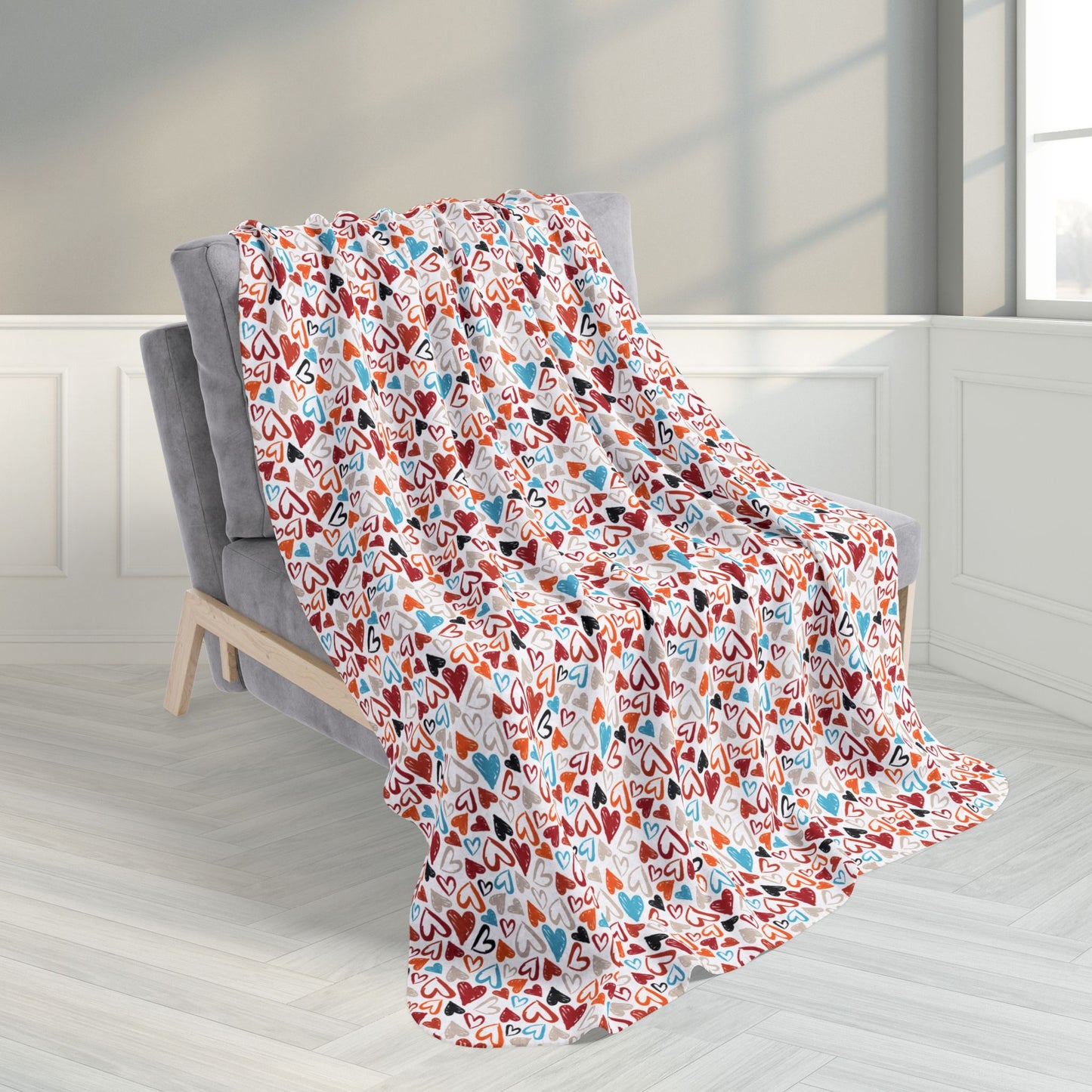 50" × 60" Red, Orange & Blue Hearts White Sandusky OH Fleece Sherpa Blanket