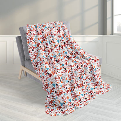 50" × 60" Red, Orange & Blue Hearts White Sandusky OH Fleece Sherpa Blanket