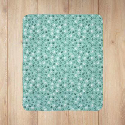 Seagreen Paw Prints Fleece Sherpa Blanket