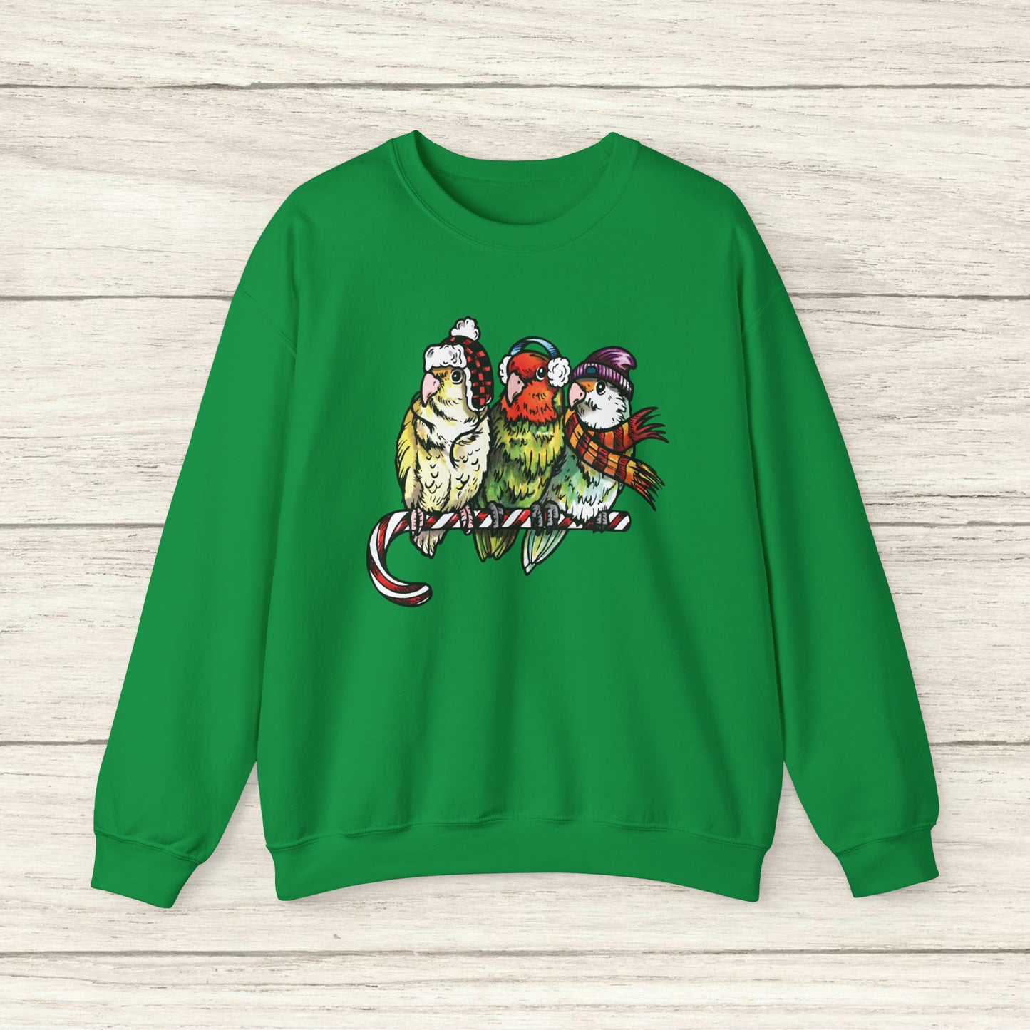 3 Lovebirds with Winter Wear & Perched on a Candy Cane, Crew Neck Sweatshirt