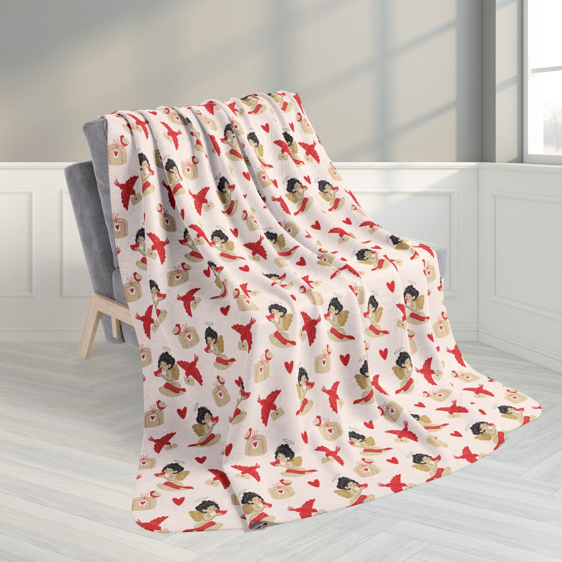 60" × 80" Vintage Cupid & Red Bird Valentine’s Day Fleece Sherpa Blanket