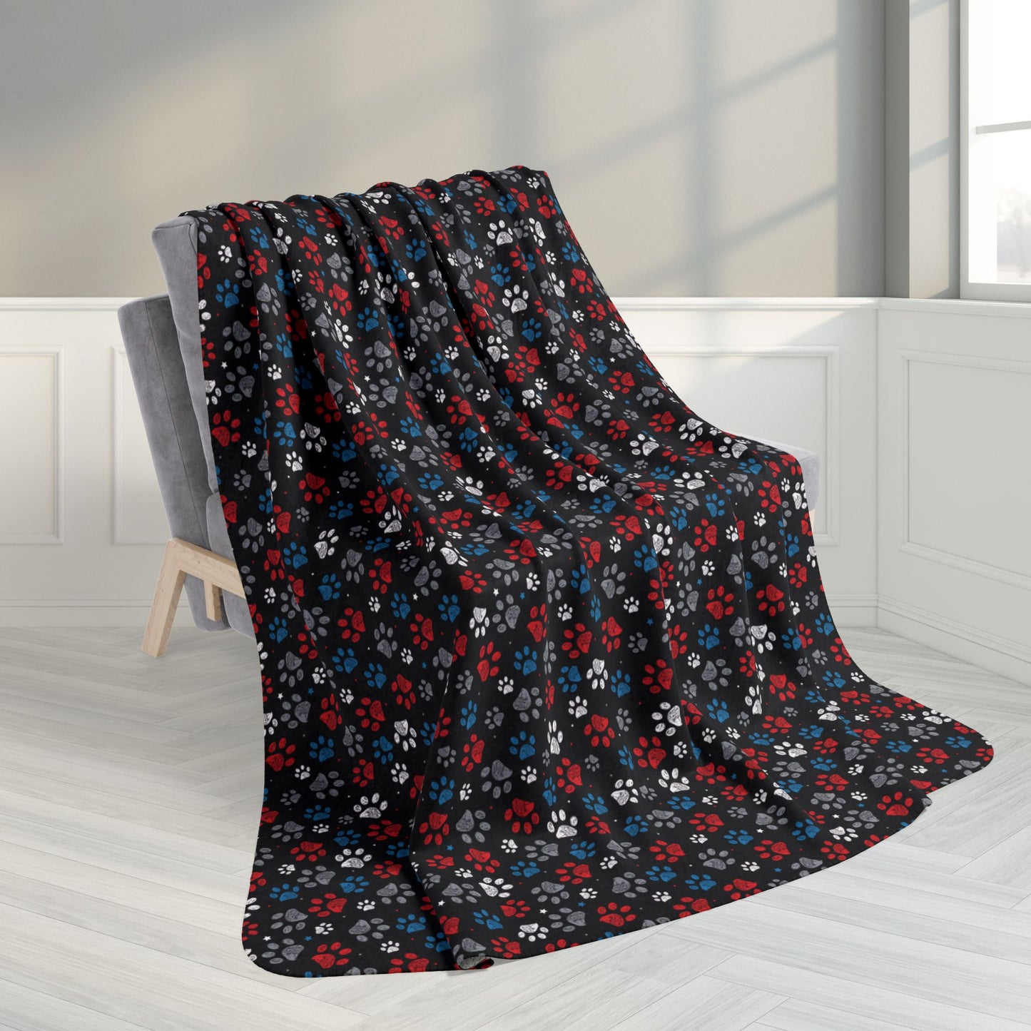 60" × 80" White, Red & Blue Ohio Paw Prints Black Fleece Sherpa Blanket