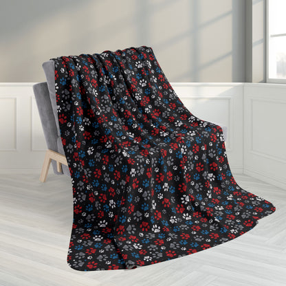 60" × 80" White, Red & Blue Ohio Paw Prints Black Fleece Sherpa Blanket